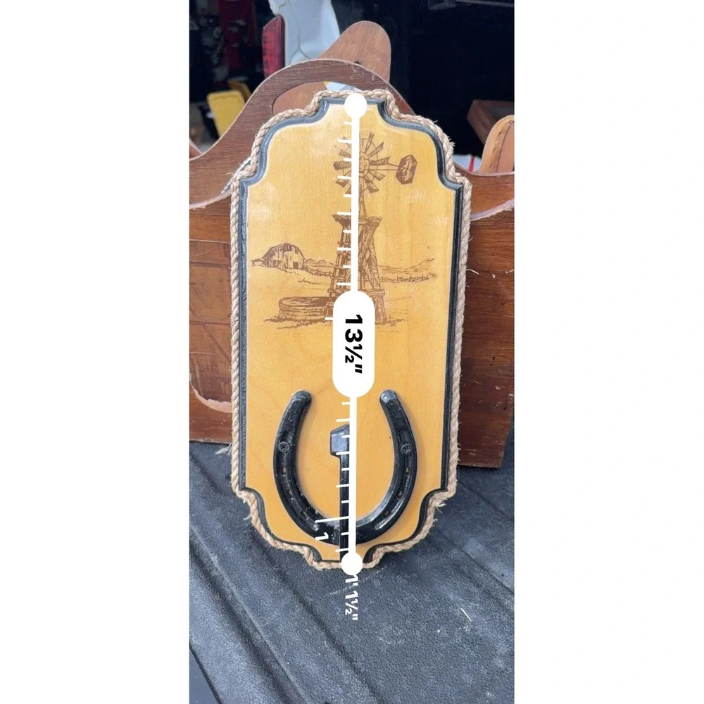 Western Wood Wall Plaque Windmill Horseshoe Hook Rustic Farmhouse Decor 13.5in